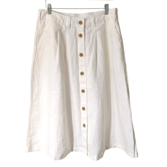 Lands' End Linen White A-Line Midi Skirt with Buttoned Detail Size 10 - Picture 2 of 6